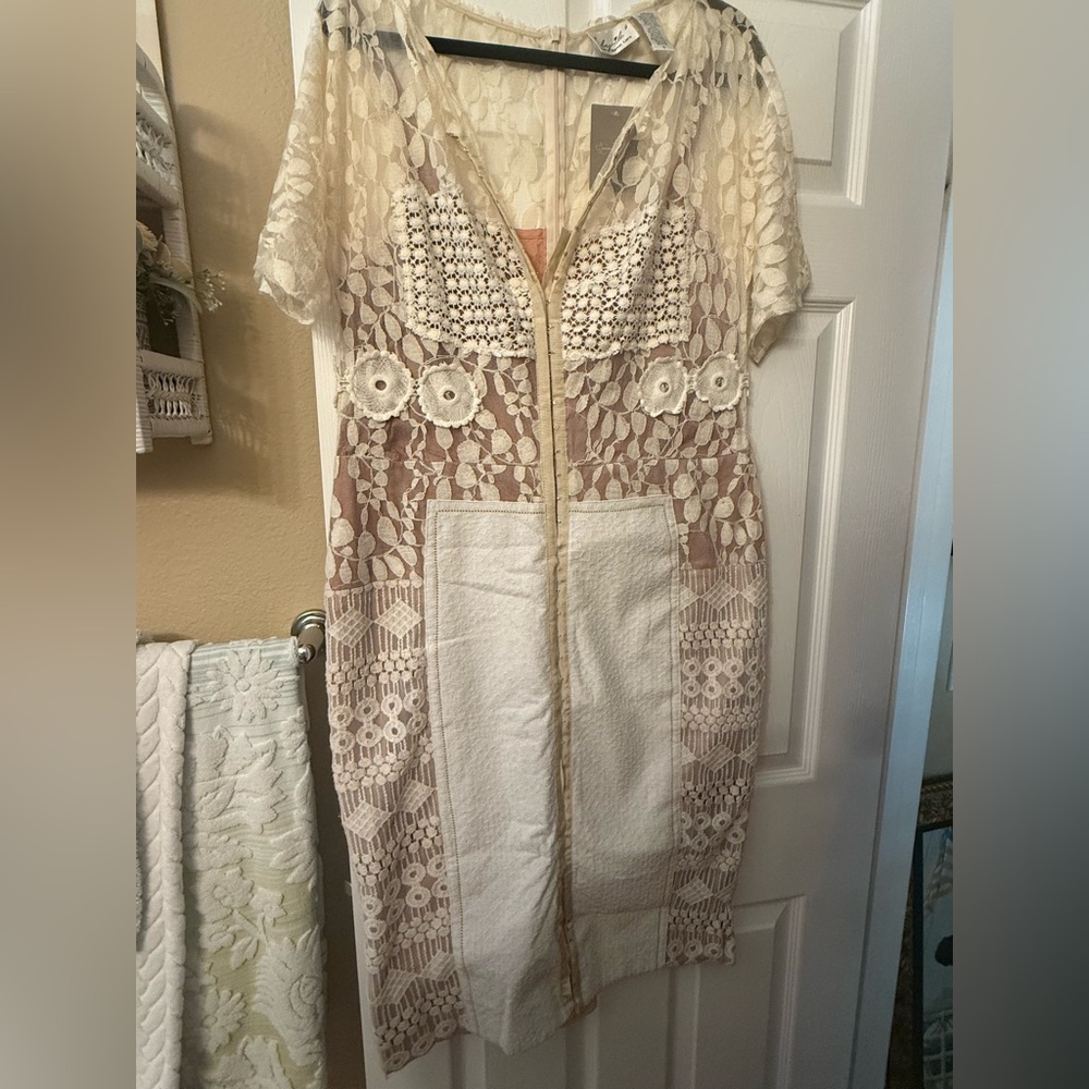 Byron Lars Sheer Cream Lace Midi Dress with Crochet Insets